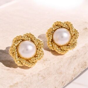 18K PVD Stainless Steel Faux Pearl Stud Earrings